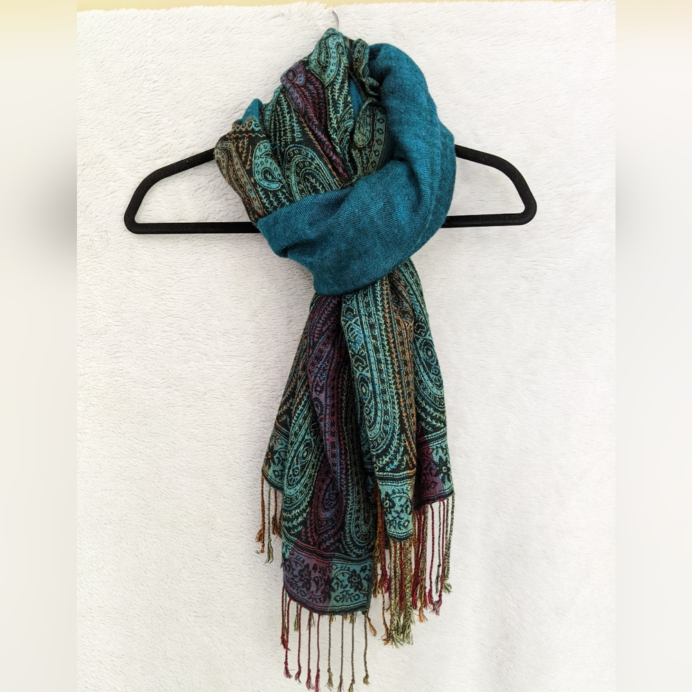 Vintage Paisley Pashmina Style Scarf / Shawl, Turquoise and Multicolour